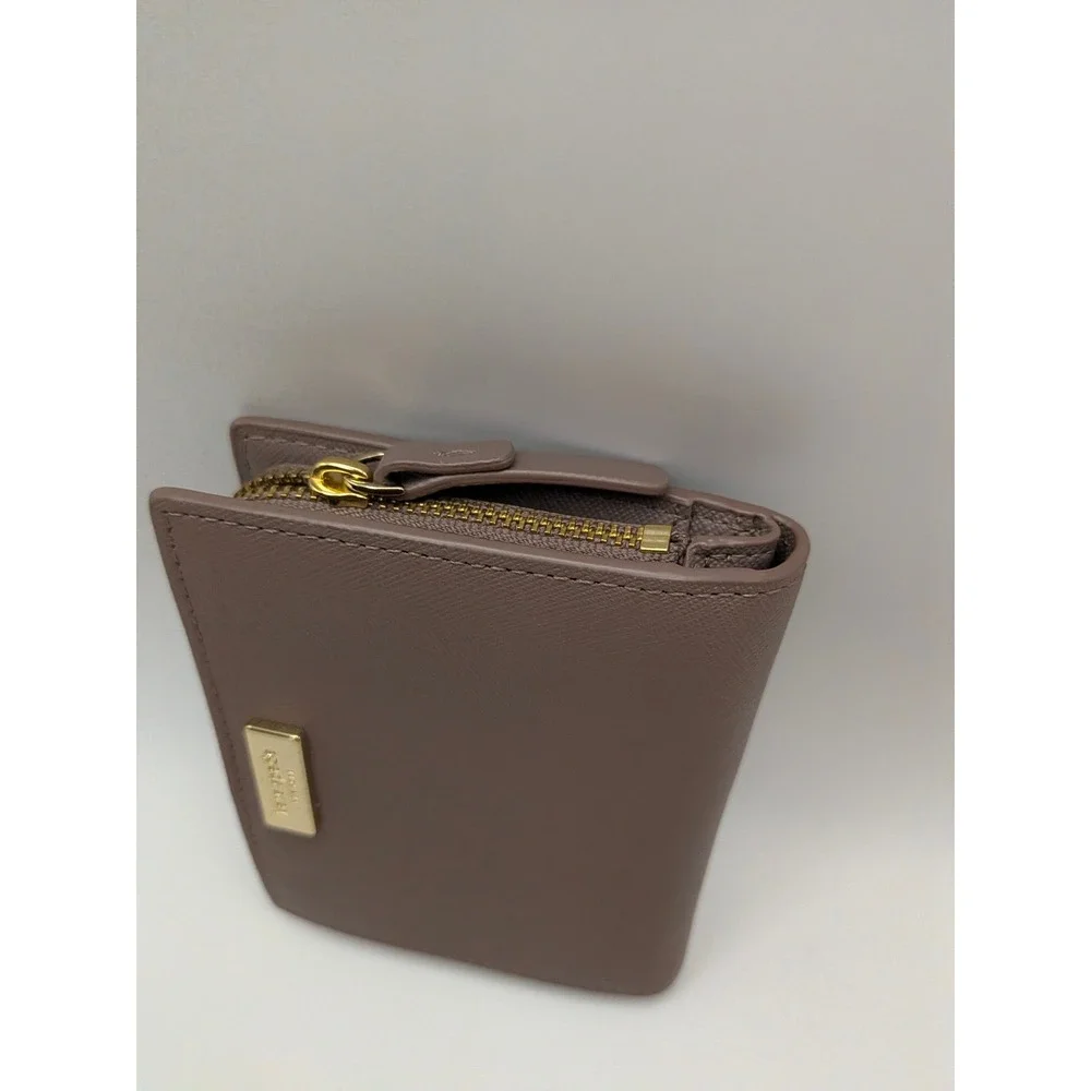 Kate Spade Bifold Wallet Small Taupe Light Mauve Gold Accents Hardware Logo